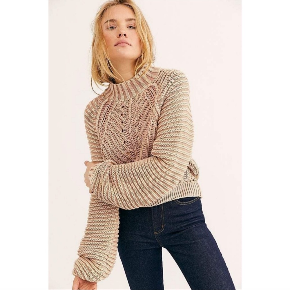 Free People Sweetheart Tan Chunky Knit Mock Neck Oversized Sweater